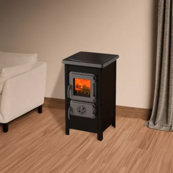 Houtkachel Happy Zwart in staal, vermogen 6 kW, rendement 82%, ecologisch en efficiënt verwarmen